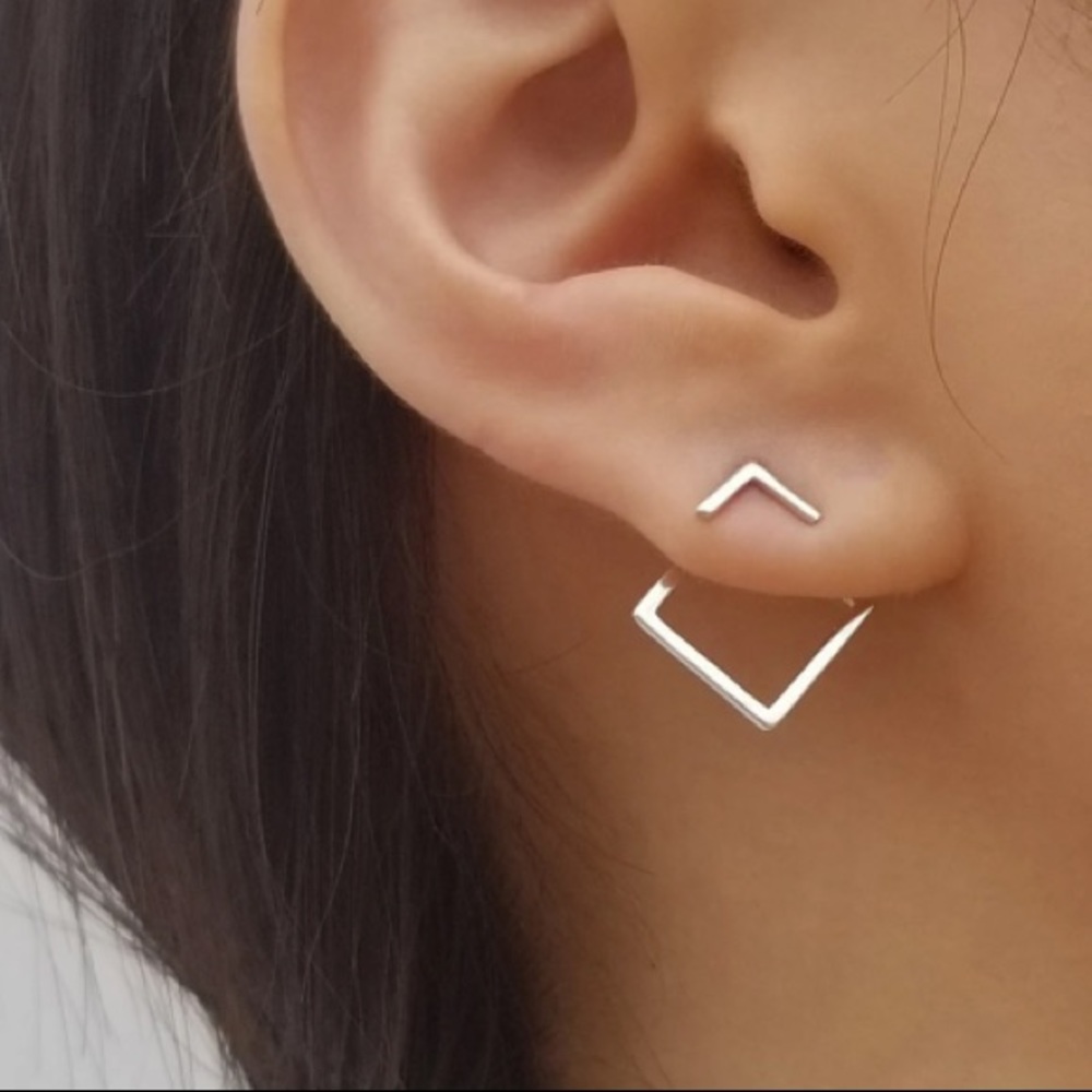[SILVER]Modern Minimal Geometric Square Versatile Stud Earrings EarJacket - Picture 9 of 15